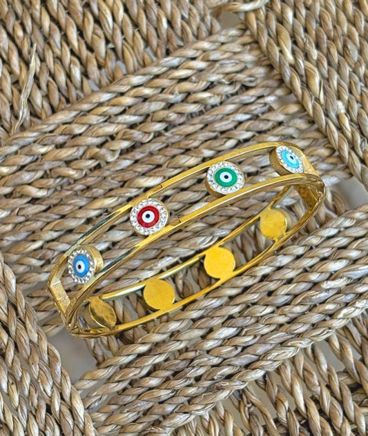 Iris Bracelet – Gold with Multicolor Evil Eyes