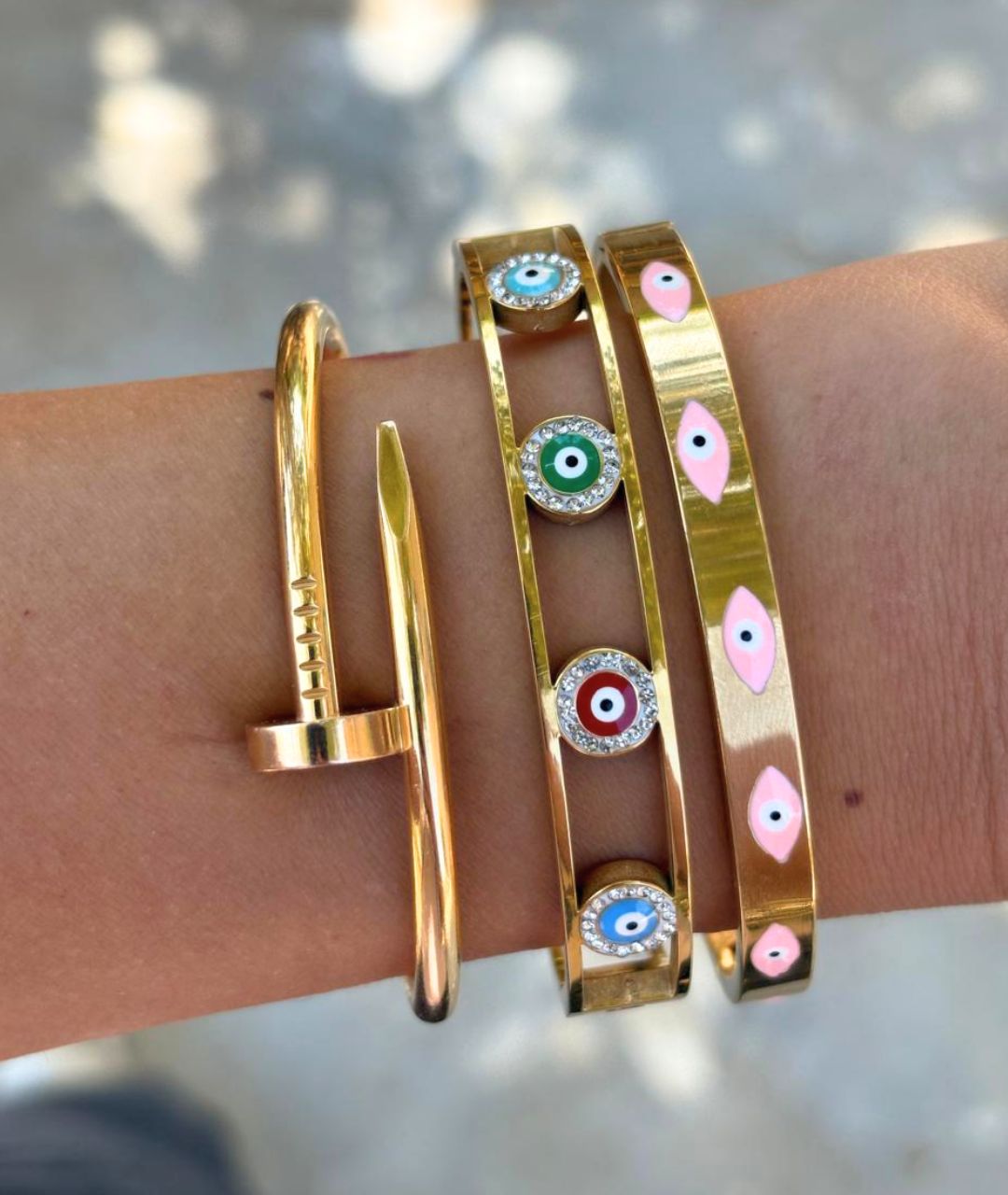 Iris Bracelet – Gold with Multicolor Evil Eyes