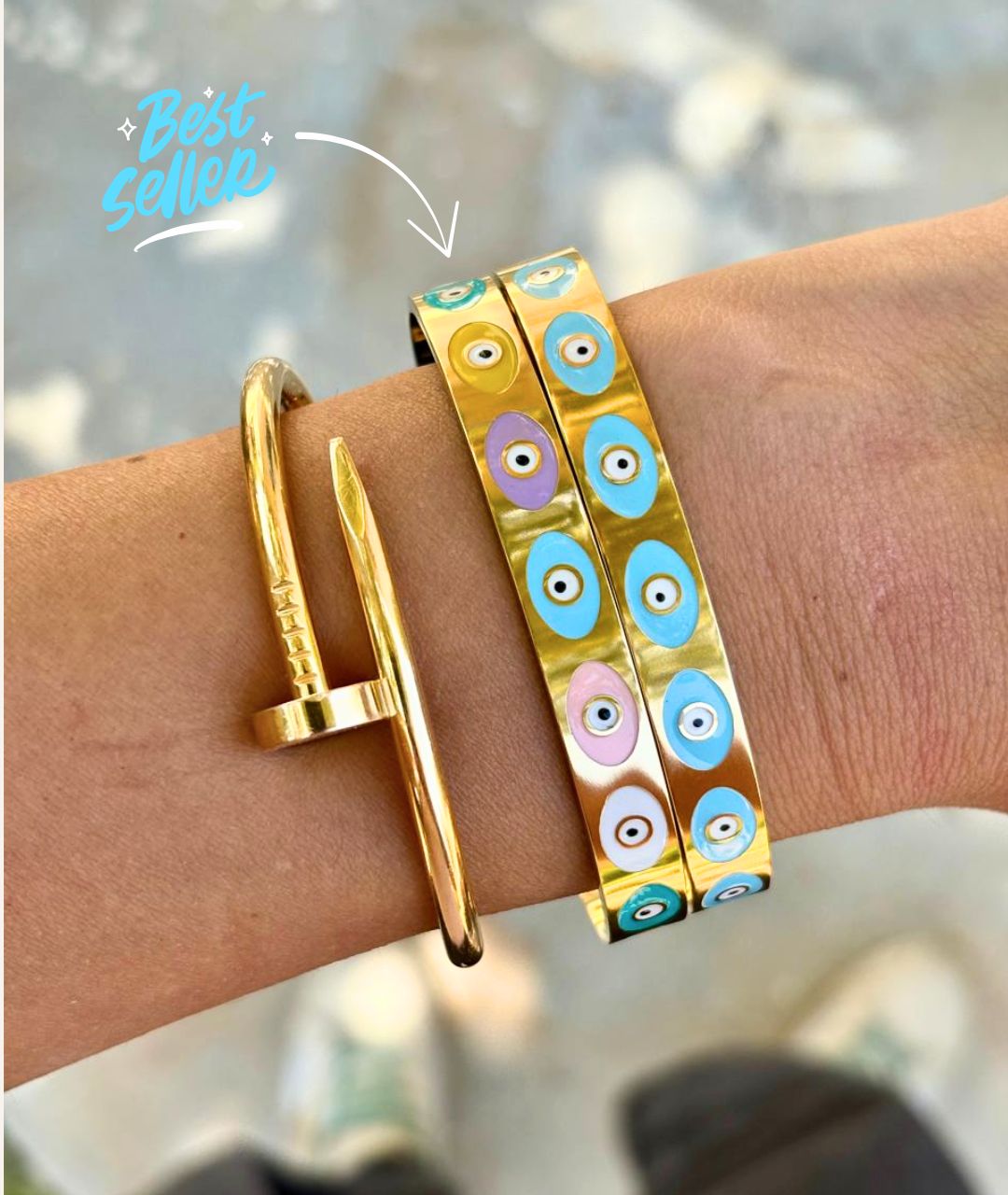 Nour Bangle – Gold with Multicolor Evil Eyes
