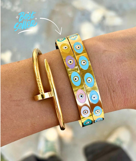 Nour Bangle – Gold with Multicolor Evil Eyes