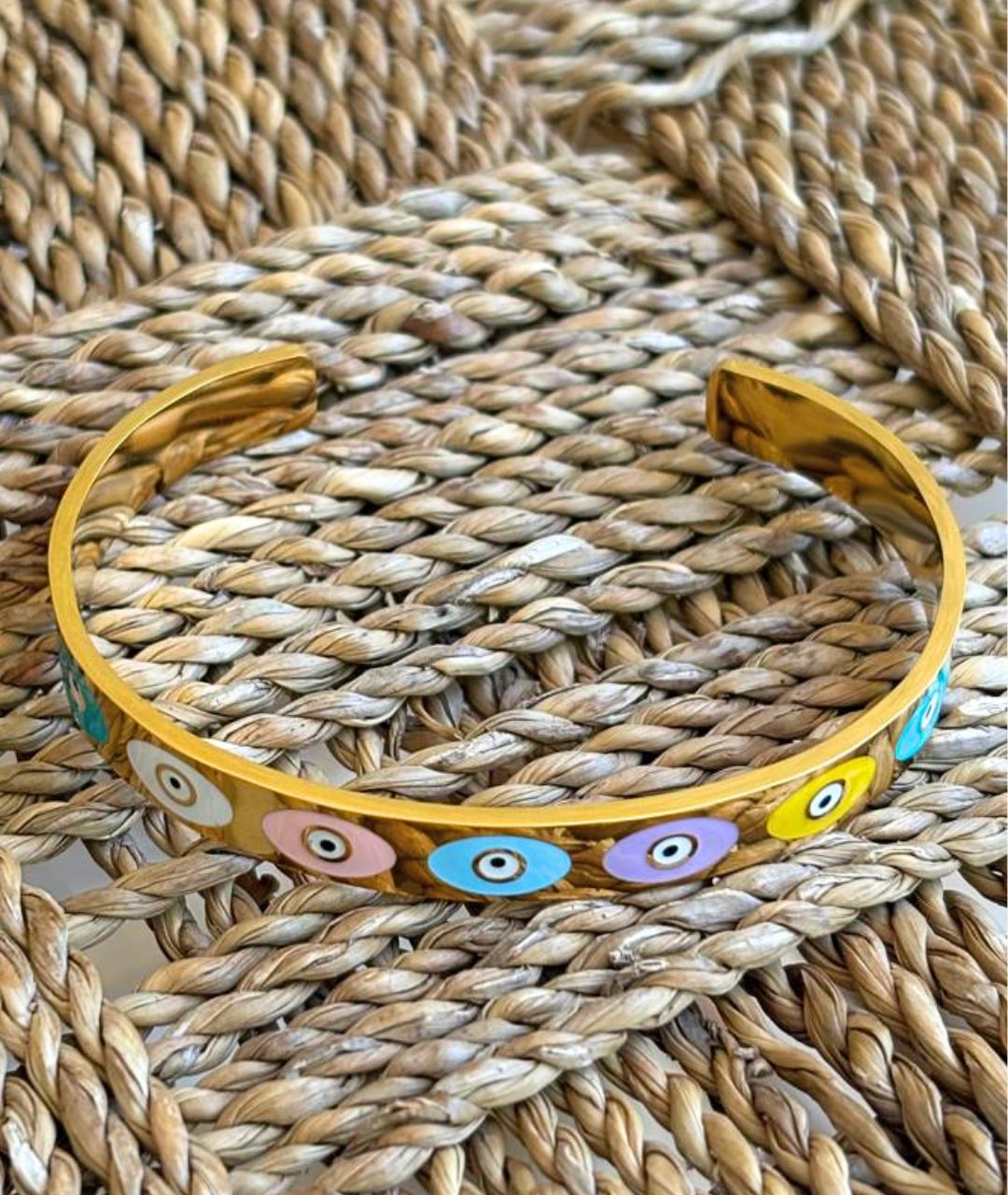 Nour Bangle – Gold with Multicolor Evil Eyes